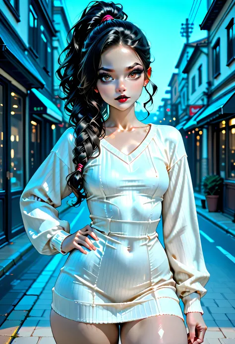 on street, perfect face, braided side ponytail, black hair, black eyebrows, thin eyebrows, big eyes, brown eyes, black eyelashes, black eyeliners, full lipstick, beautiful woman, (striped sweater dress), (black striped), (white sweater dress long), collarb...