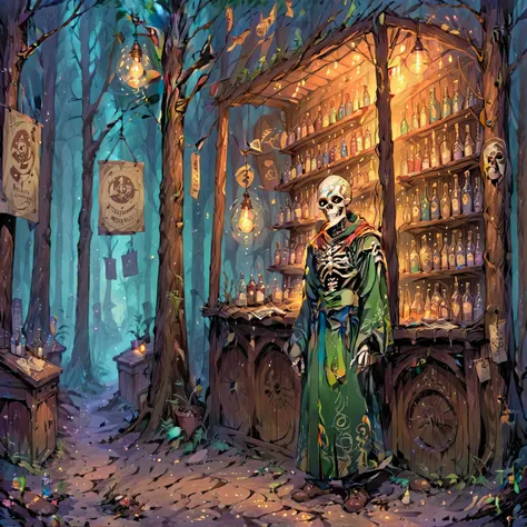 masterpiece, highres, best quality, highly detailed, 1boy, solo, ethereal, ethereal realm, non-contemporary, not alive, not dead, a mage skeleton standing in front of a merchant stall, the sign reads, "Refurbished Souls for Sale", there are small multicolo...
