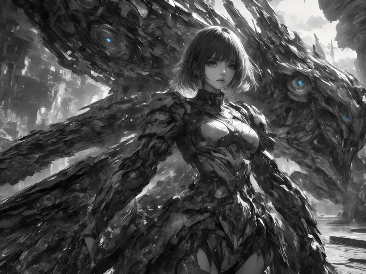 solo,cool persuit style woman\(very complex armor,2 tone color,cool complexity huge weapon,sharp dark blue eyes,short hair,black hair, arms, standing, Dignified posture,look viewer\),background is monochrome Geometric patterns,(ultra-Details,intricate art...