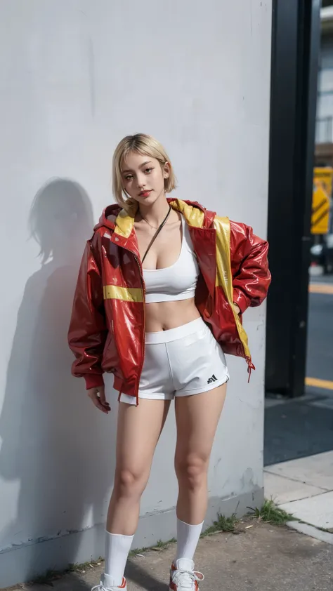 (Masterpiece), best quality, expressive eyes, perfect face, kneehighs, smiles warm, thin, latex collarbone, breasts, pouch, cleavage, waist bag, dancer, legs, navel, gyaru, barbarian, larger jacket, yandere, highres, collar, hands in pockets, red jacket, m...