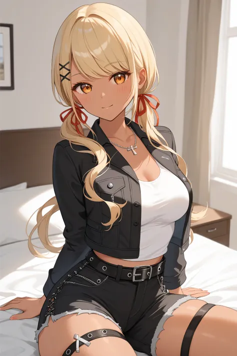 master piece、Best Quality,Super detailed,High resolution,score_9, score_8_up, score_7_up, score_6_up, score_5_up, score_4_up, QpiCas, orange eyes, dark skin, blonde hair, long hair, swept bangs, low twintails, x hair ornament, black hair ribbon, necklace, ...