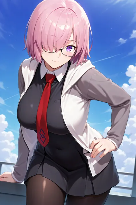 best quality, masterpiece, 1girl, aamash, short hair, pink hair, hair over one eye, glasses, purple eyes, red necktie, collared dress, black dress, jacket, open jacket, long sleeves, black pantyhose,mature female