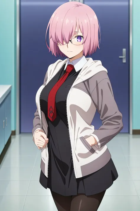 anime coloring, anime screencap、best quality, masterpiece, 1girl, aamash, short hair, pink hair, hair over one eye, glasses, purple eyes, red necktie, collared dress, black dress, jacket, open jacket, long sleeves, black pantyhose,mature female