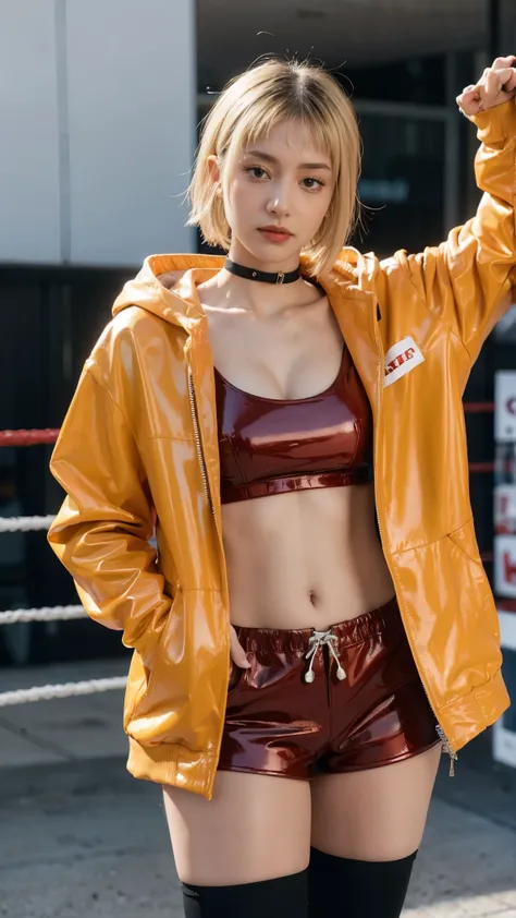 (Masterpiece), best quality, expressive eyes, perfect face, kneehighs, smiles warm, thin, latex collarbone, breasts, pouch, cleavage, waist bag, dancer, legs, navel, gyaru, barbarian, larger jacket, yandere, highres, collar, hands in pockets, red jacket, m...