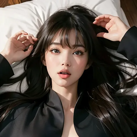 20-year-old girl, slim, long black hair, Hair loose,bangs on her head, brown eyes, black steet cape, black street cloak,  perfect breasts, Chest to bottom,Mouth open, tongue visible,lying on her back on a modern bed, lying flat, perspective from above, top...