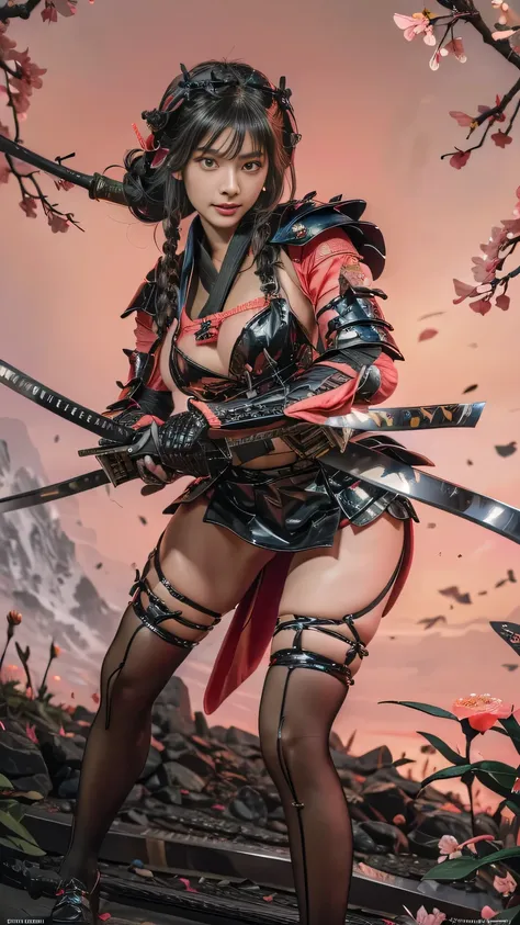 Best Quality,8k,best image quality,young woman,1 person,Oiran,(wielding a katana with great force:1.8), very detailedな,(seductive smile),(from front:1.6),(leaning forward:1.8),(battle pose:1.3), Brilliant Appearance ,extremely detailed, Imaginative,sensual...