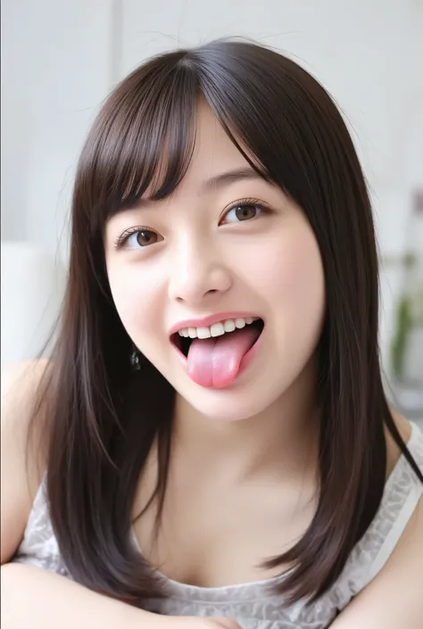 girl, black hair, long hair , open your mouth wide and stick your tongue out, Front of face, face looking down at the center , Focus on Faces , Accurate eye eXpression, Accurate tongue tip eXpression, the tip of her tongue sticks out , Accura...