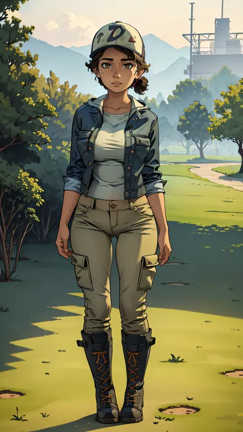 ((masterpiece, best quality)),(complex lighting) ,solo,(((1girl))) ,clementine, light skin,light-skinned female, baseball cap, green cargo pants, brown eyes, tight pants, combat boots, shirt, short hair, one short ponytail, open denim jacket, huge butt, th...
