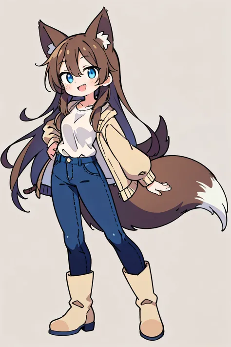 anime style、 cute face、 female、 fox ears、 caramel brown hair、tail、long hair、 beige jacket、jeans、boots、simple background、blue eyes、double teeth、smile、STANDING、Profile