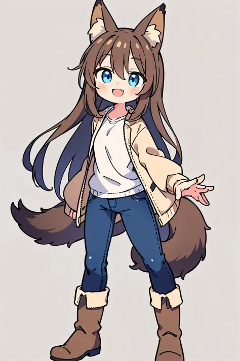 anime style、 cute face、 female、 fox ears、 caramel brown hair、tail、long hair、 beige jacket、jeans、boots、simple background、blue eyes、double teeth、smile、STANDING、small characters、