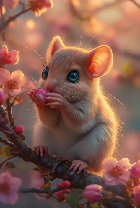 A mesmerizing close up portrait of a beautiful mouse illuminated by the soft golden light of a magical morning with morning sunlight, with vibrant bokeh balls gently framing her delicate shape, Smelling a cherry blossom on a branch, well lit, 4k,