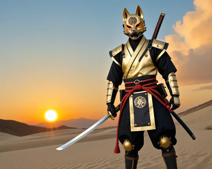 "Robotic samurai with oxidized metal plates, wearing a golden kitsune (fox) mask. His katana is a plasma blade, and he walks on black sand dunes under a red sun. Style: mix of Japanese steampunk and Mad Max, earthy colors with copper details."