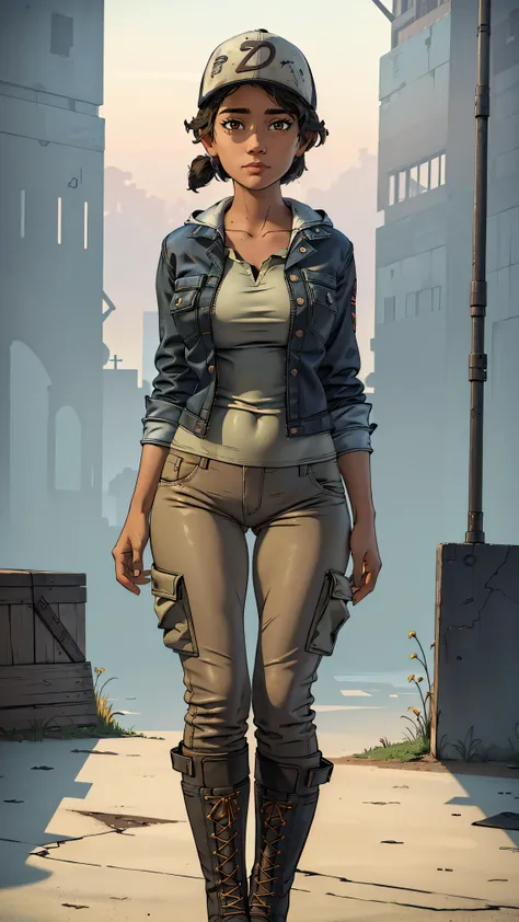 ((masterpiece, best quality)),(complex lighting) ,solo,(((1girl))) ,clementine, light skin,light-skinned female, baseball cap, green cargo pants, brown eyes, tight pants, combat boots, shirt, short hair, one short ponytail, open denim jacket, huge butt, th...