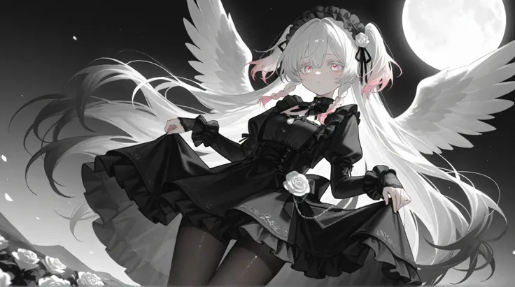 anime style、VERY DETAILED EYES, evangelizing eyes, 漂亮的 girl, white background, 精致beautiful面容和眼睛, Deep Eye Shadow , White Ribbon,Lolita headdress , pink eyes, white eyelash girl, 淡pink eyes, White hair, Very long low double twist braid with white and pink...