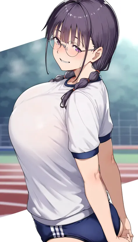 masterpiece,Highest品質,Good Quality,newest,
夜of寝室,
parted lips,
front,smile,
solo,
aTome coloring,
Miyoshi\(nerd_Tomodachi_To_no_sex_of_Highest_To_kimochi_ii\),1人of女of子,紫黒of髪,twin tails on the back,紫と黒of目,round eyewear,
big breasts,
school gym buruma,front