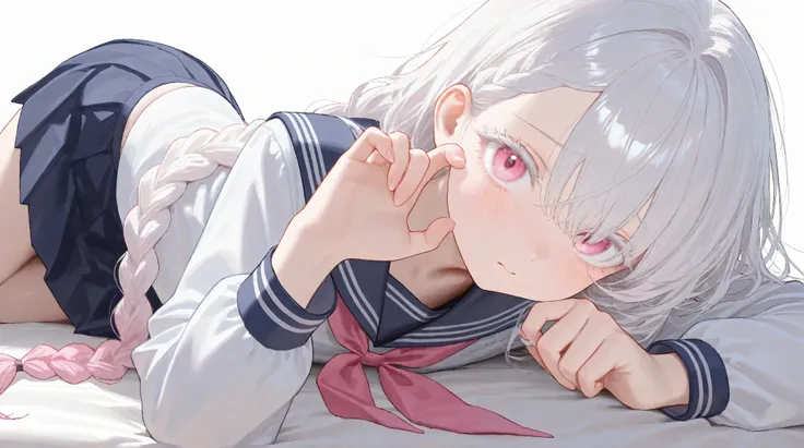 anime style、VERY DETAILED EYES, evangelizing eyes, Beautiful Girl, white background, 精致beautiful面容和眼睛, Deep Eye Shadow , pink eyes, white eyelash 女孩, 淡pink eyes, White hair, Very long low double twist braid with white and pink double dyed, gradient hair,...