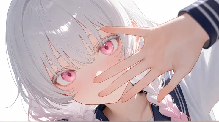 anime style、VERY DETAILED EYES, evangelizing eyes, Beautiful Girl, white background, 精致beautiful面容和眼睛, Deep Eye Shadow , pink eyes, 淡pink eyes, White hair, Very long low double twist braid with white and pink double dyed, gradient hair,Two very long brai...