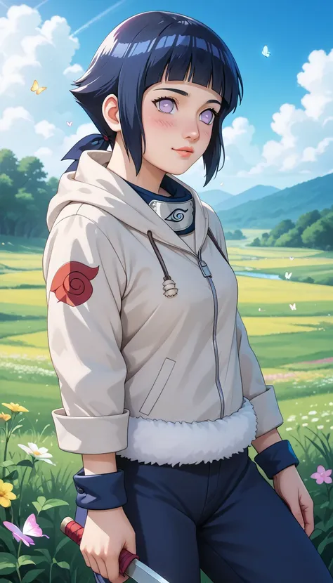 A cute Genin version of Hinata Hyuga from the Naruto series, standing shyly in a lush green meadow. She has her original pale lavender Byakugan eyes, short dark blue hair with her classic straight bangs, and is wearing her early ninja outfit – a cream-colo...