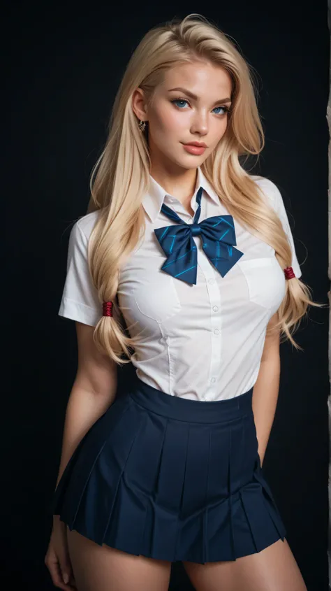 a beautiful female with very long blonde hair tied into two long pony tales, beautiful face, blue eyes, she has a fit athletic curvy body with thick legs, she is wearing a school uniform and posing for a sexy photo, black background