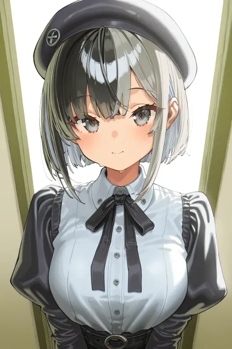 kmj-anonstyle, [artist:yoneyama mai], [artist:kanzarin], [artist: ekrea_jan], masterpiece,best quality,amazing quality, 748cmstyle, solo, eye focus, two-tone hair, grey hair, black hair, beret, medium breasts, cute expression, anime style, stylish outfit, ...
