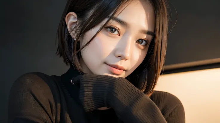 (((Close-up of face)))、(((Absolutely shoulder-length brown straight short bob)))、(((She is posing like a hair salon model, with a black wall indoors as the background.)))、(((Casual black winter long sleeves with shoulders covered)))、Half Japanese, half Kor...