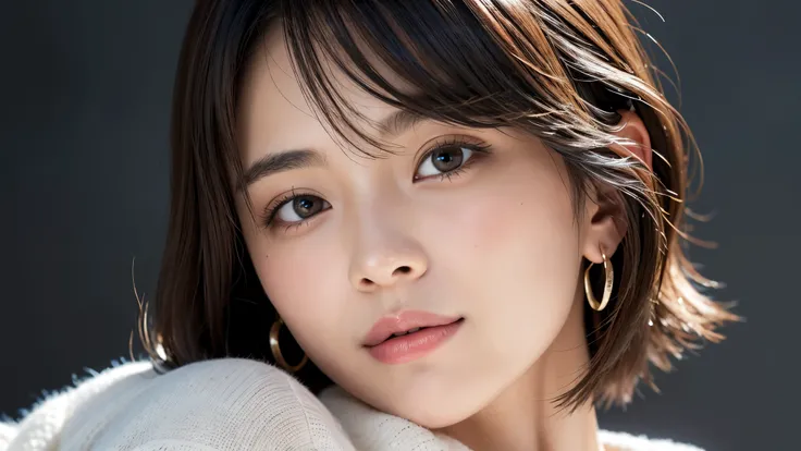 (((Close-up of face)))、(((Absolutely shoulder-length brown straight short bob)))、(((She is posing like a hair salon model, with a black wall indoors as the background.)))、(((Casual black winter long sleeves with shoulders covered)))、Half Japanese, half Ko...