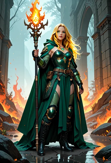 woman druid, cleric of nature, armed with a fiery staff, female full body picture of solo  intense details facial details, exquisite beauty, cleric of nature female, ((yellow hair: 1.5)), long hair,  (green eyes: 1.3), armed with a fiery staff, red fire, w...