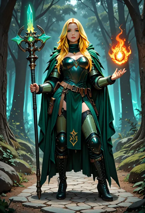 woman druid, cleric of nature, armed with a fiery staff, female full body picture of solo  intense details facial details, exquisite beauty, cleric of nature female, ((yellow hair: 1.5)), long hair,  (green eyes: 1.3), armed with a fiery staff, red fire, w...