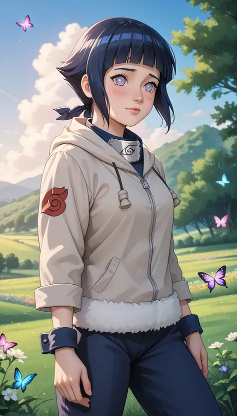 A cute Genin version of Hinata Hyuga from the Naruto series, standing shyly in a lush green meadow. She has her original pale lavender Byakugan eyes, short dark blue hair with her classic straight bangs, and is wearing her early ninja outfit – a cream-colo...