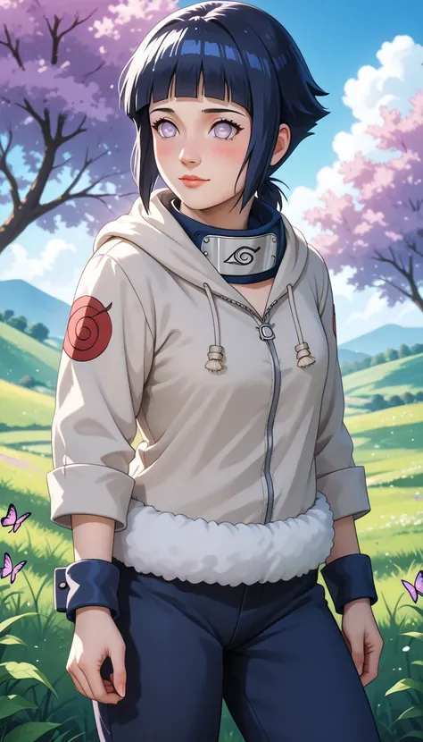 A cute Genin version of Hinata Hyuga from the Naruto series, standing shyly in a lush green meadow. She has her original pale lavender Byakugan eyes, short dark blue hair with her classic straight bangs, and is wearing her early ninja outfit – a cream-colo...