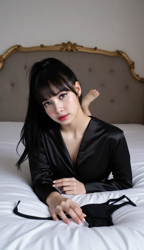 a woman, sleeping on your stomach on the mattress, body facing the camera , eyes looking at camera , wearing a black satin material sleeping shirt, underwearless, show cleavage, big hanging, thick red lips, seductive face, slim waist, black ponytail ha...