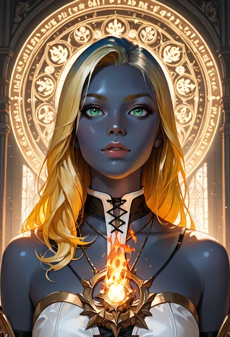 portrait of a female cleric ((dark blue skin: 1.5)), intense details facial details, exquisite beauty, cleric, (dark blue skin: 1.5)) female, ((yellow hair: 1.5)), long hair, (((no ears: 1.5))), (green eyes: 1.3), armed with a fiery sword red fire, wearing...