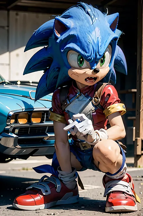sonic, Chibi, Boy,hairy, blue skin, green eyes, cauda,  white gloves, red shoes, inside a car
