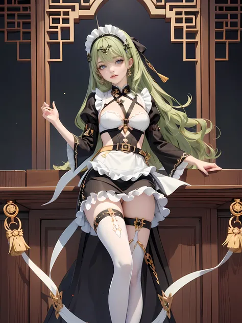 1girl, green hair, harness, black cropped, black skirt, chinese maid design, solo, stomach, white roses, symmetrical gloves, high socks, harness, tassel, chinese maid dress, v neckline, garter on the legs, stand up, white apron, maid dress, chinese maid, c...