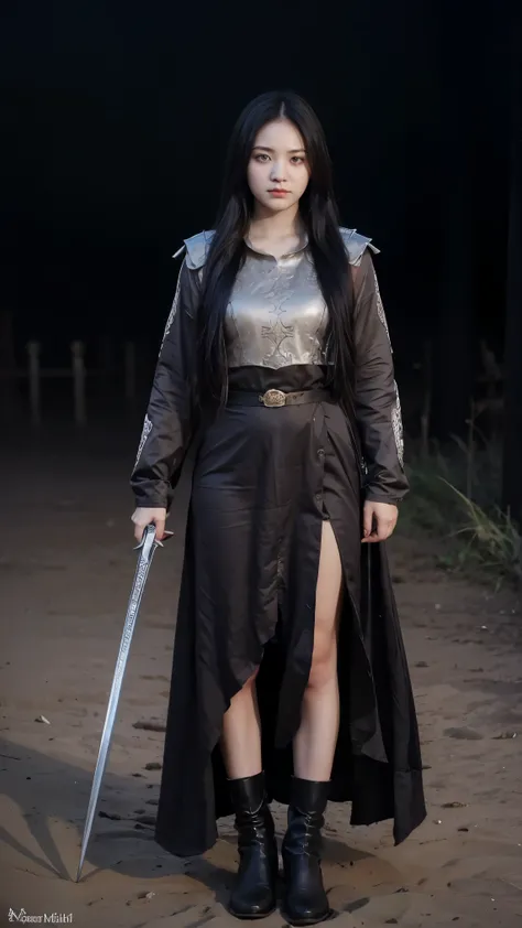 dark souls, black sun, boss battle, epic sword in hands full body 1girl, solo, very cute, beautiful, long hair, purple eyes, cute, night, dim lighting, looking at viewer detailed background