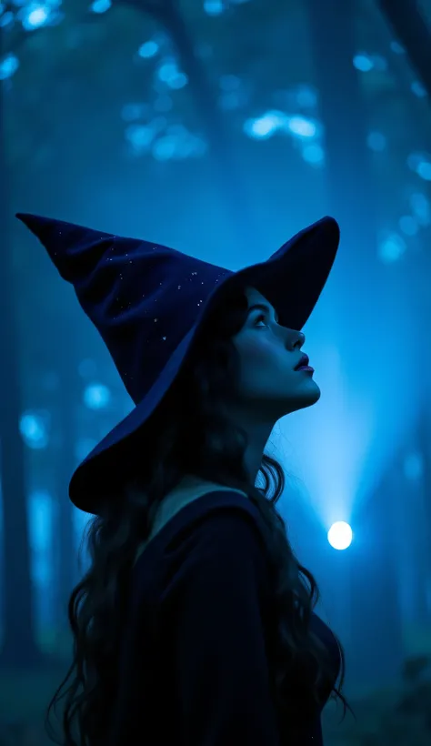 A full body dramatic artistic side shot of a young beautiful woman with dark wavy hairstyle, wearing a pointy wizards hat and looking up to the stars, wearing artistic clothes, cinematic shot, cinematic composition, thick mist, ((((deep dark sapphire blue ...
