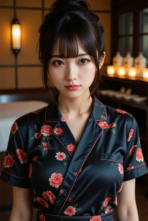Highest quality, photo realistic, high resolution, masterpiece,
Super beautiful Japanese woman, her job is a masseuse, looks like a intimidating dominatrix, evil smile, condescending gaze, charm with gaze, staring at the viewer, long false eyelashes, lips ...