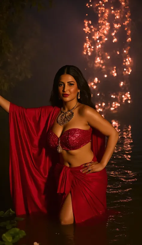 A night scene,a full view of an indian lady, semi-curvy, tight red sparkle bikini, pop out,dip in ganga, naked, yummy ,marigold mala , lotus flower in ganga,in Maha kumbh, intricate details, ornate jewelry, flowing sari, serene expression, detailed facial ...