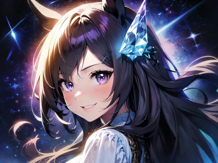 (Solo: 1.5), (Mature adult woman: 1.5), (Horse ears: 1.5), (Small face, sturdy build: 1.5), (Large breasts visible even through clothing), (Looking at the camera), (Cute big smile: 1.5), (Long black hair: 1.5), (Long sleeved light blue see-through lace dre...
