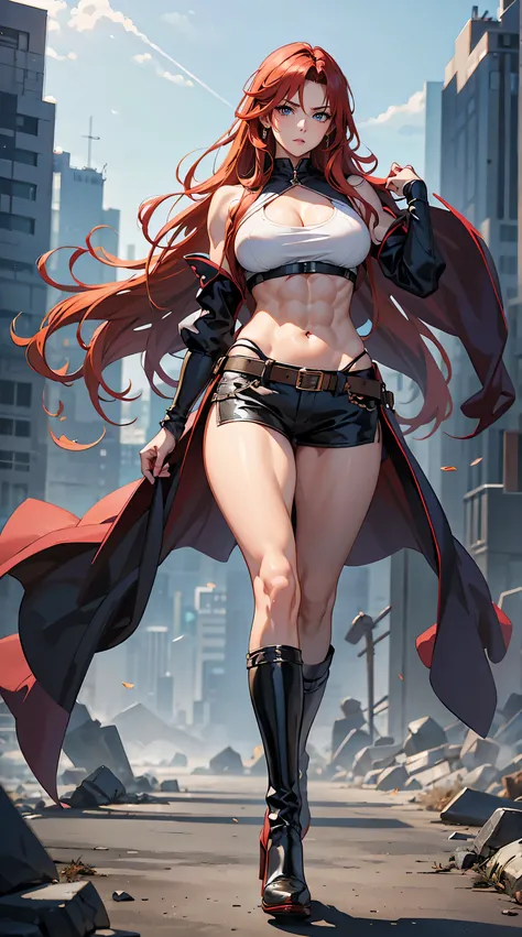 highest quality、masterpiece、8K、realistic、vodel dbz、Very delicate and beautiful、vodel dbz、 fantasy world 、muscular girl、perfect female body、beautiful woman、mature woman、redhead、cabello largo、six pack、big muscles、toned body、big breasts 、cable、Sleeveless T-sh...