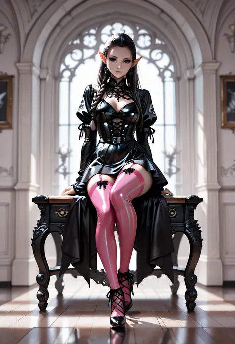 a ((black and white)) ral-chrosc-bw pin up picture of goth Elf as a dominatrix queen  ultra detailed face, ultra feminine, wearing  pink latex mini dress, stockings, high heels, small elf ears, long braided hair, hair pulled back, small pointed ears, moder...