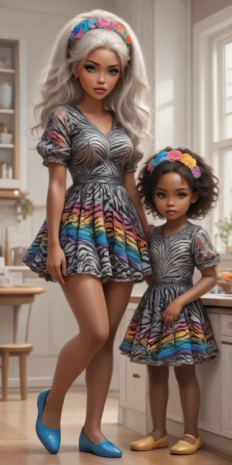 Too cute s one girl with tan skin tone, with silver white hair. Her hair is in a cute high ponytail, She have silver grey eye color, The other girl is dark brown skin tone, her hair is in a kinky short ponytail, and she have light brown eye color, and both...