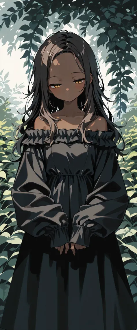 (boyish girl, solo, brown skin,,forehead:1.4, dragon,,),,(),(cool:1.5),,,,(half-closed eyes,,,,),(long hair,,,),,(slant eyes),,(,,off-shoulder dress),,, (sleeves past wrists) , (beautiful detailed eyes, deep shadows),pictures, garden, createconcept, addmic...