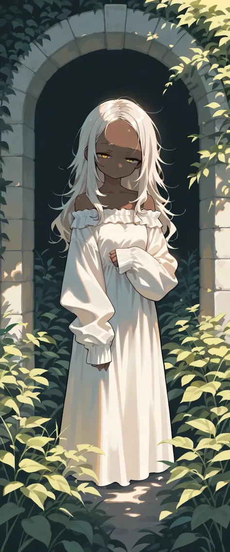 (boyish girl, solo, brown skin,,forehead:1.4, dragon,,),,(),(cool:1.5),,,,(half-closed eyes,,,,),(long hair,,,),,(slant eyes),,(,,off-shoulder dress),,, (sleeves past wrists) , (beautiful detailed eyes, deep shadows),pictures, garden, createconcept, addmic...