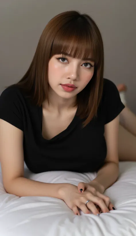 a woman, sleep on your stomach on a mattress, eyes looking at camera , using a black V-neck model t-shirt, underwearless, big size G-cup, hanging breasts, red lips