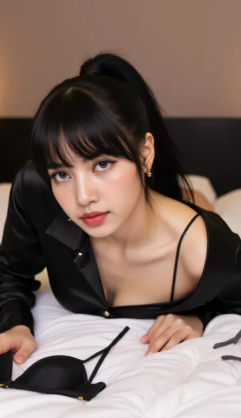 a woman, sleeping on your stomach on the mattress, body facing the camera , eyes looking at camera , wearing a black satin material sleeping shirt, underwearless, show cleavage, big hanging, thick red lips, seductive face, slim waist, black ponytail ha...