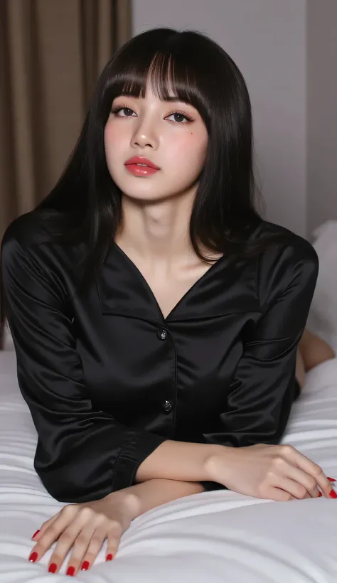 a woman, sleep on your stomach on a mattress, eyes looking at camera , use black satin material sleeping shirt, underwearless, big size G-cup, hanging breasts, red lips