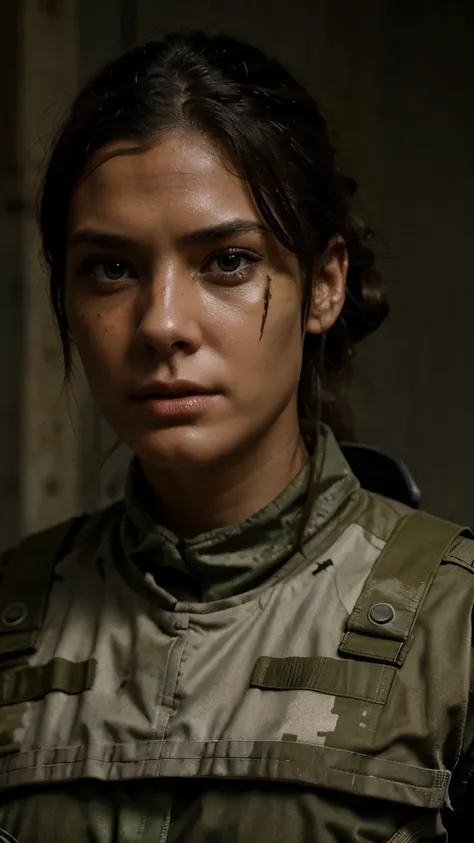 women soldier in post-apocalyptic scenario, detailed character, battle-worn soldier,