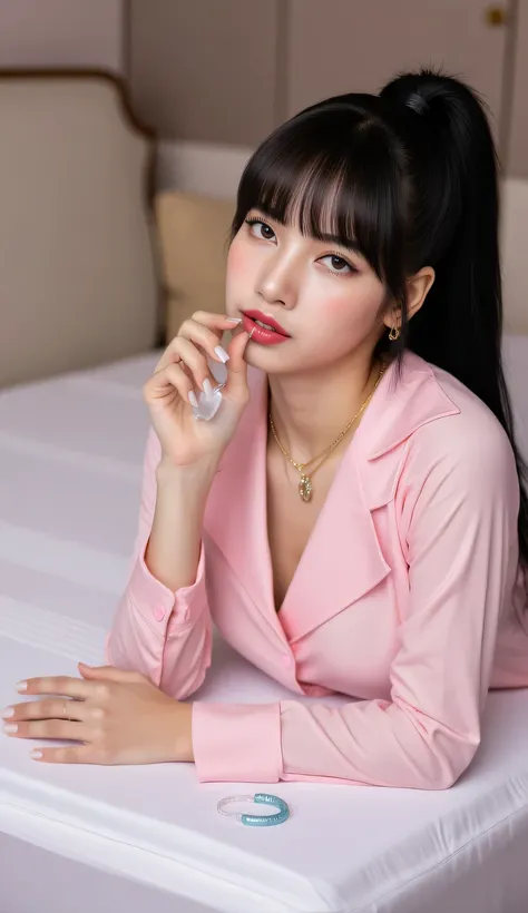 a woman, sleep on your stomach on a mattress, shirt looks full body, eyes looking at camera , lip biting condom, use an oversize shirt in pink, underwearless, big size G-cup, hanging breasts, Visible cleavage, red lips, bras and condoms strewn over the ma...