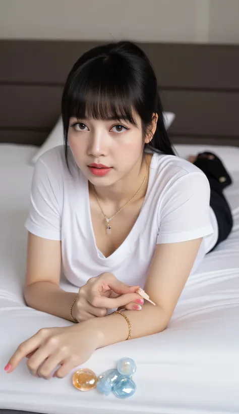 a woman, sleep on your stomach on a mattress, shirt looks full body, eyes looking at camera , lip biting condom, using a white V-neck model t-shirt, underwearless, big size G-cup, hanging breasts, Visible cleavage, red lips, bras and condoms strewn over t...